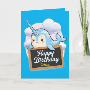 Narwhal holding happy birthday chalkboard card