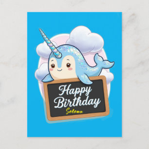 Narwhal holding happy birthday chalkboard postcard