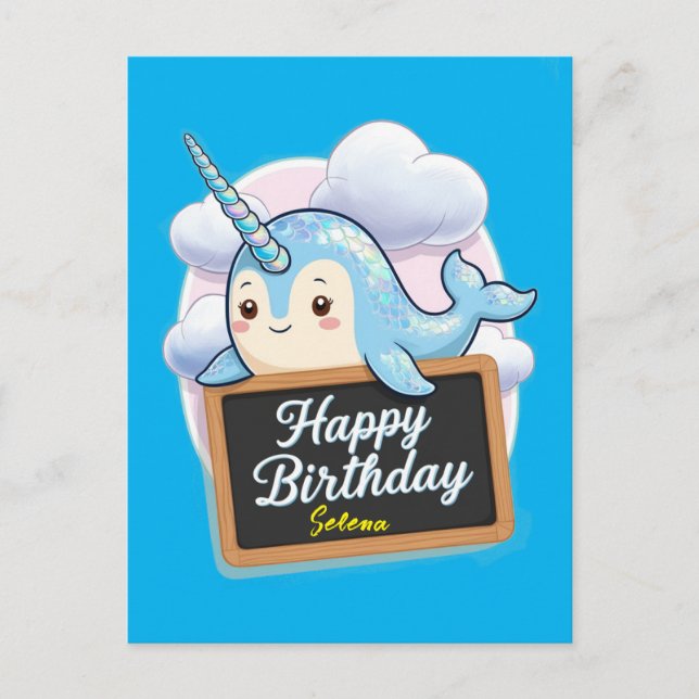 Narwhal holding happy birthday chalkboard postcard (Front)