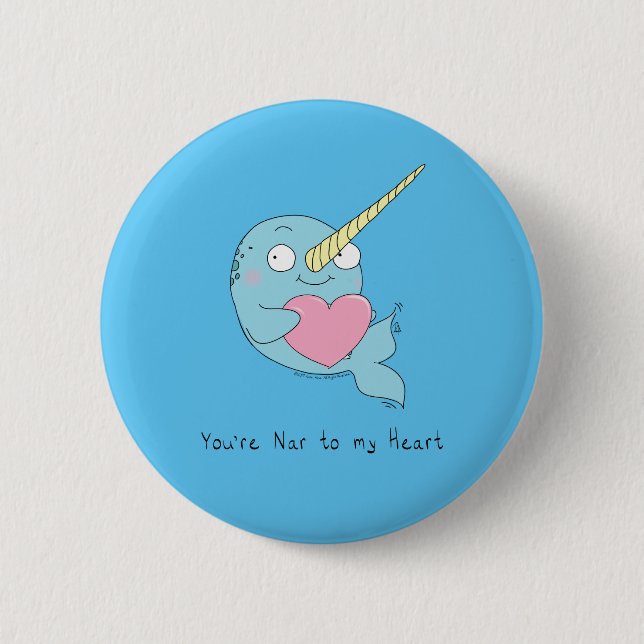 Narwhal Hugging Heart Valentine’s Day Button Pin (Front)