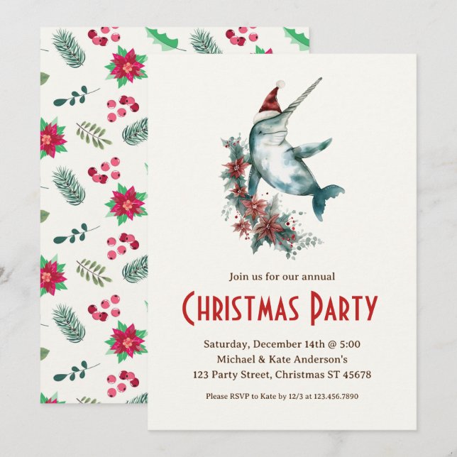 Narwhal in a Santa Hat Poinsettias Christmas Party Invitation (Front/Back)