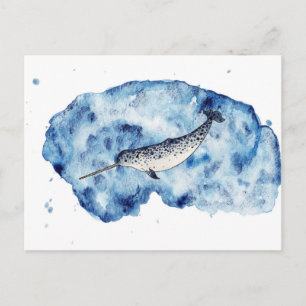 Narwhal in a splash of watercolor postcard
