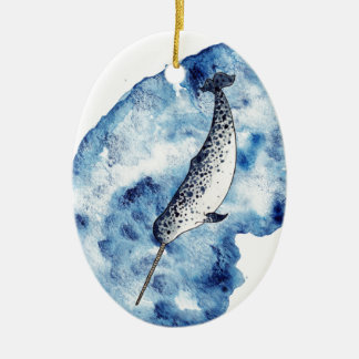 Narwhal in  a splash of watercolour ceramic tree decoration