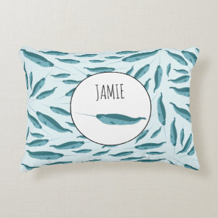 Narwhal in Blue Ocean Pattern Decorative Cushion