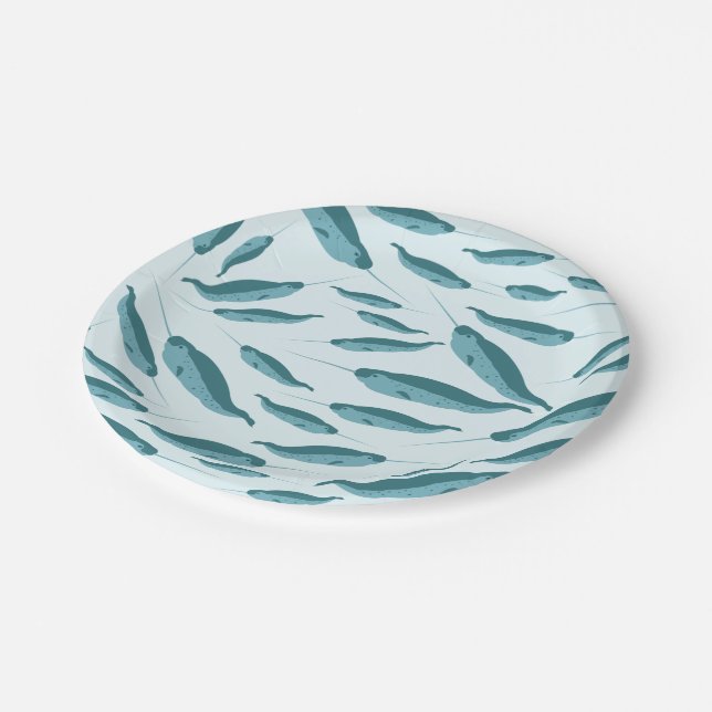 Narwhal in Blue Ocean Pattern Paper Plate (Angled)