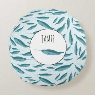 Narwhal in Blue Ocean Pattern Round Cushion