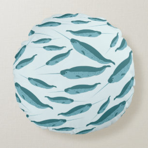 Narwhal in Blue Ocean Pattern Round Cushion