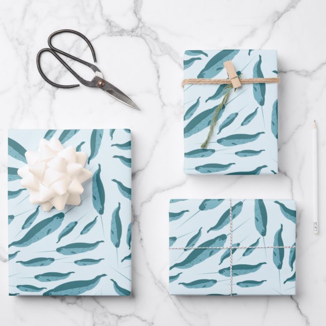 Narwhal in Blue Ocean Pattern Wrapping Paper Sheet (Front)