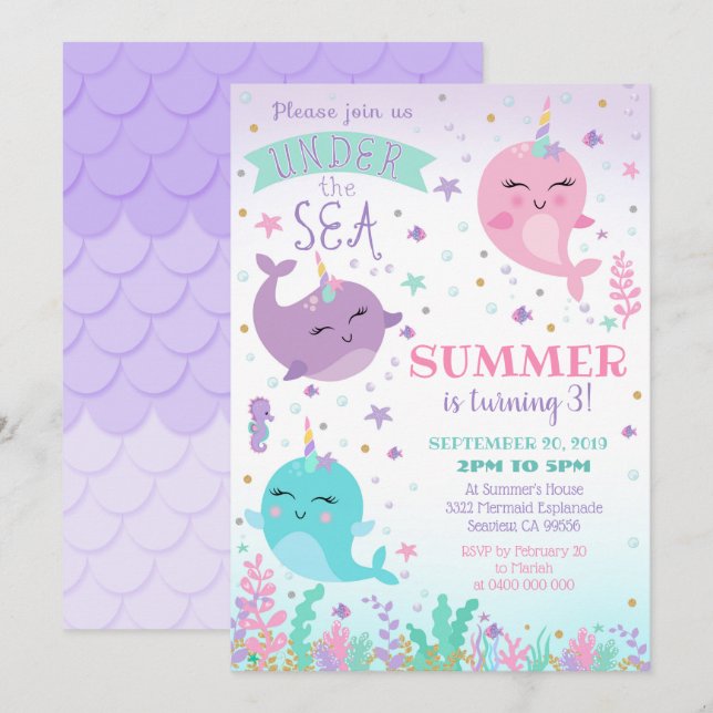 Narwhal Invitation Girl Under the Sea (Front/Back)
