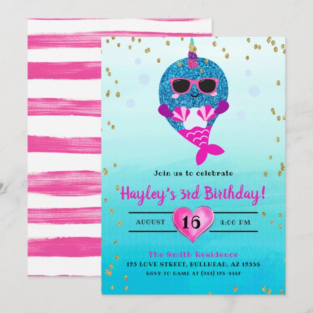 Narwhal Mermaid Girls Glitter Watercolor Summer Invitation (Front/Back)