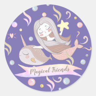 Narwhal Mermaid Starfish Whimsical Purple Classic Round Sticker