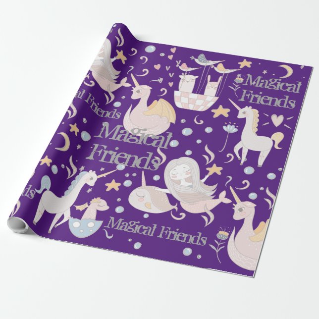 Narwhal Mermaid Unicorn Dragon Pastel Personalised Wrapping Paper (Unrolled)