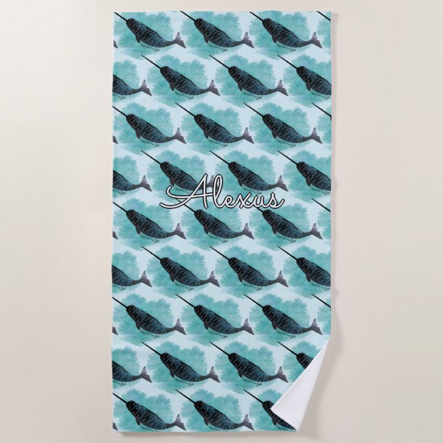 Narwhal on Turquoise Watercolor Heart Personalised Beach Towel (Front)