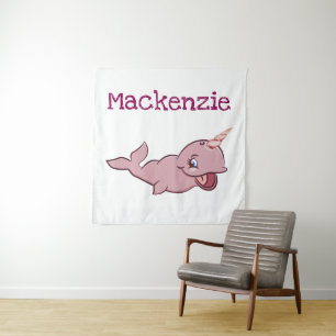 Narwhal Pink   Girly Kawaii Chibi Cartoon Custom Tapestry