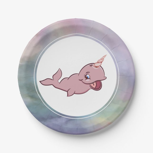 Narwhal Pink | Girly Kawaii Chibi Cartoon Party Paper Plate (Front)
