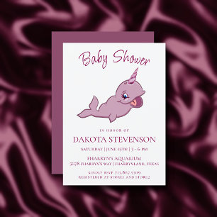 Narwhal Pink   Girly Kawaii Chibi Cartoon Shower Invitation
