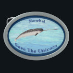 Narwhal - Save The Unicorn Belt Buckle<br><div class="desc">The Narwhal (Monodon monoceros) is often called the "Unicorn of the Sea" because of its distinctive tusk; actually a greatly extended canine tooth. During the Mediaeval age some Europeans believes that Narwhal tusks, harvested by the Greenland Norse were in fact Unicorn horns. They were worth more then their weight in...</div>
