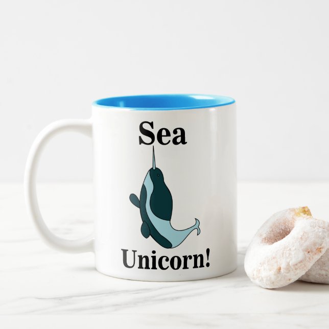 Narwhal Sea Unicorn Funny Two-Tone Coffee Mug (With Donut)