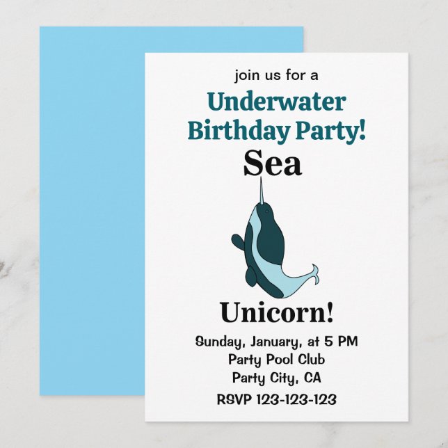 Narwhal Sea Unicorn Underwater Birthday Party Invitation (Front/Back)