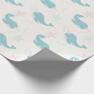 Narwhal & Starfish Pattern White Wrapping Paper