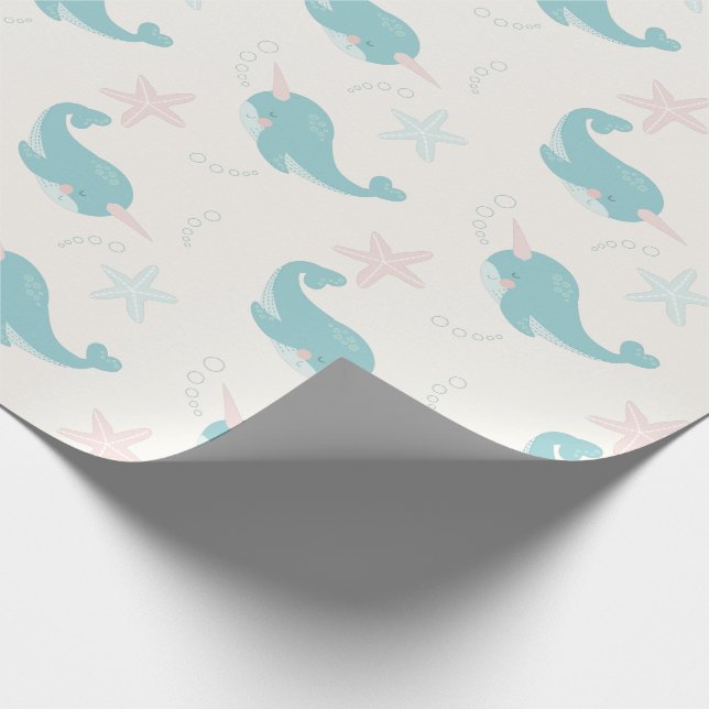 Narwhal & Starfish Pattern White Wrapping Paper (Corner)