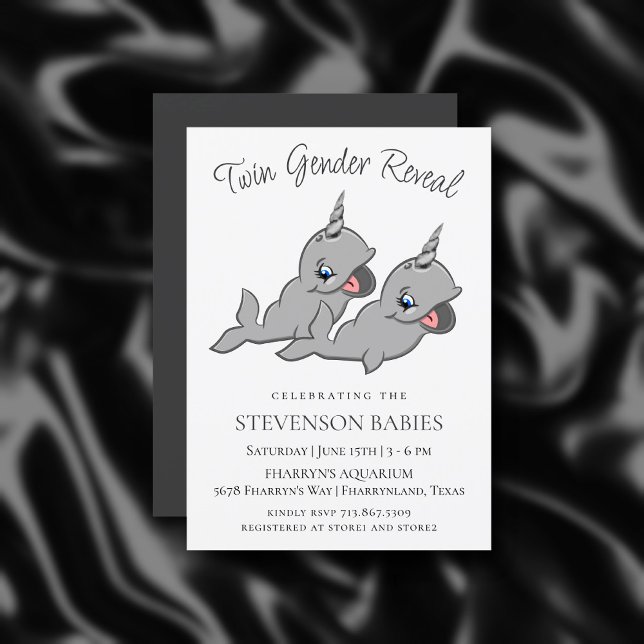 Narwhal Twins | Grey Chibi Cartoon Gender Reveal Invitation (Creator Uploaded)