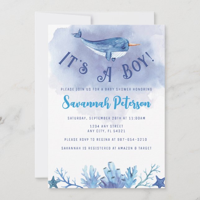 Narwhal Under the Sea Baby Shower Invitation (Front)