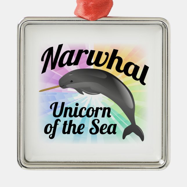 Narwhal Unicorn of the Sea, Cute Rainbow Metal Tree Decoration (Front)