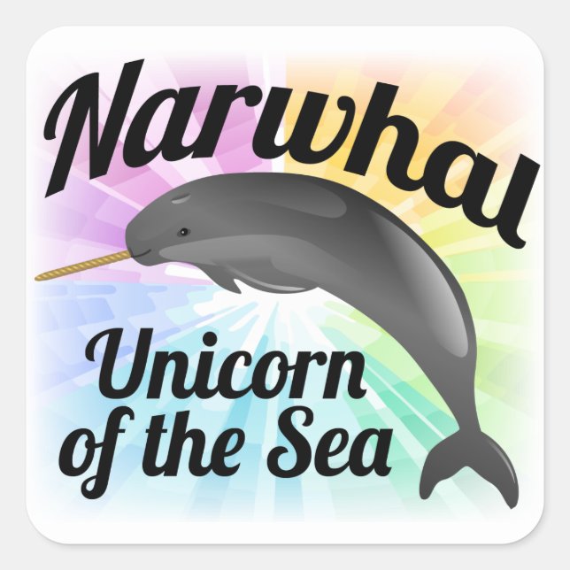 Narwhal Unicorn of the Sea, Cute Rainbow Square Sticker (Front)