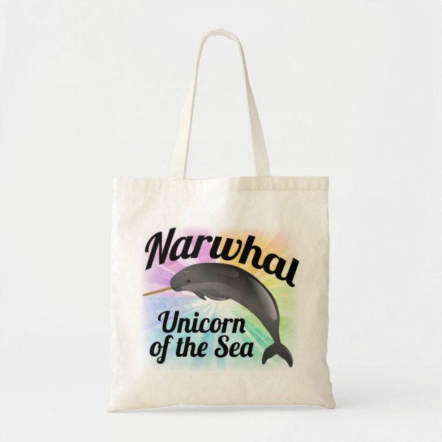 Narwhal Unicorn of the Sea, Cute Rainbow Tote Bag (Front)