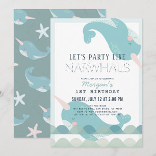 Narwhal Waves Sea Blue Boy 1st Birthday Invitation