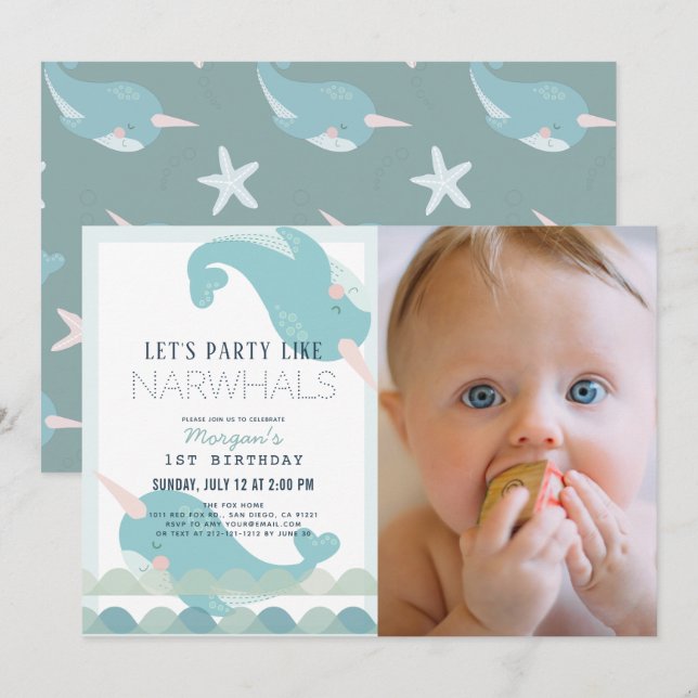 Narwhal Waves Sea Blue Boy 1st Birthday Photo Invitation (Front/Back)