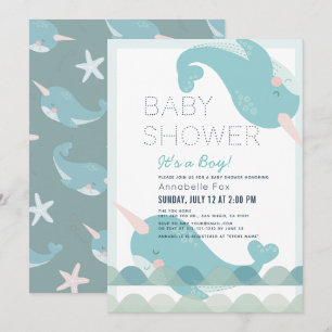 Narwhal Waves Sea Blue Boy Baby Shower Invitation