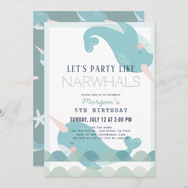Narwhal Waves Sea Blue Boy Birthday Invitation (Front/Back)