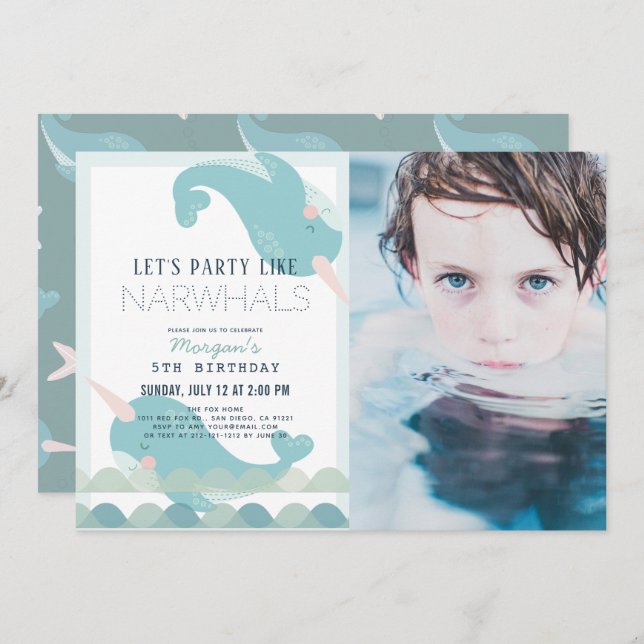 Narwhal Waves Sea Blue Boy Birthday Photo Invitation (Front/Back)