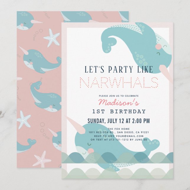Narwhal Waves Sea Pink Girl 1st Birthday Invitation (Front/Back)