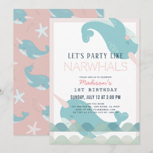 Narwhal Waves Sea Pink Girl 1st Birthday Invitation