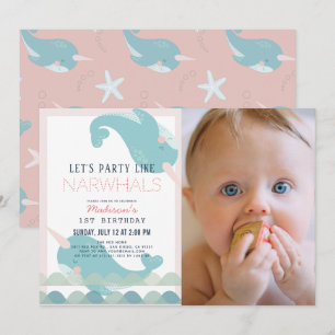 Narwhal Waves Sea Pink Girl 1st Birthday Photo Invitation