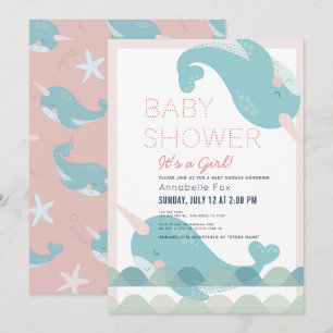 Narwhal Waves Sea Pink Girl Baby Shower Invitation
