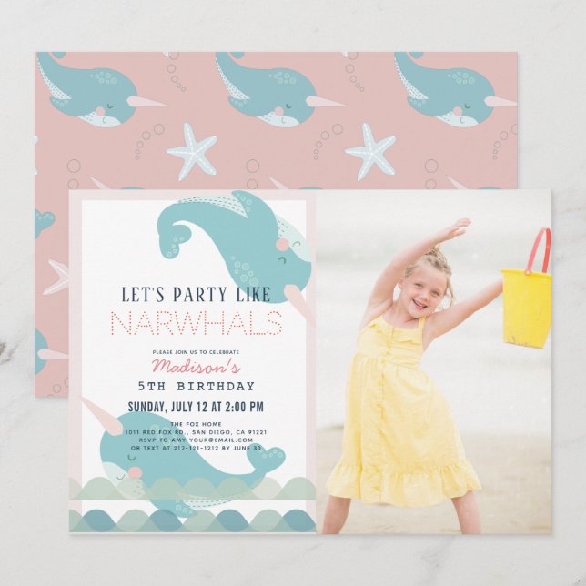 Narwhal Waves Sea Pink Girl Birthday Photo Inv Invitation (Front/Back)