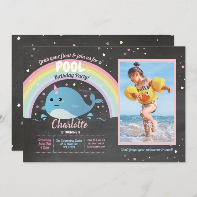 Narwhale Photo Pool Party Birthday Float Narwhal Invitation (Front/Back)