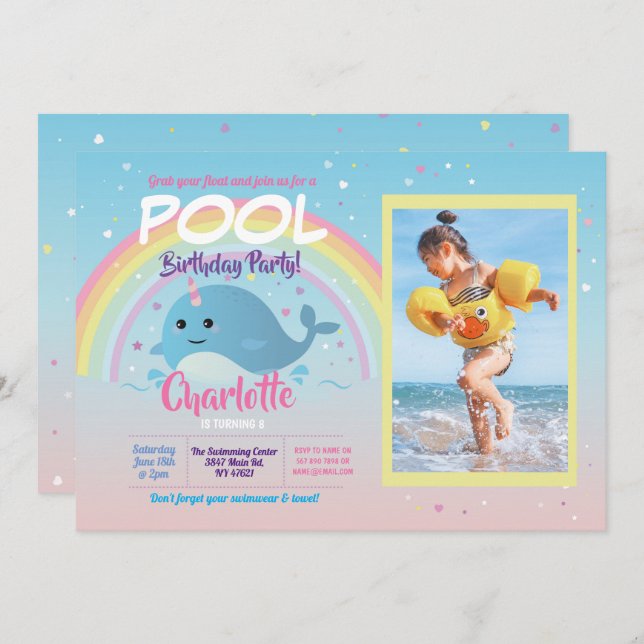 Narwhale Photo Pool Party Birthday Float Narwhal Invitation (Front/Back)