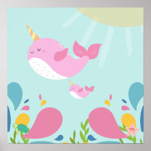 Narwhals in ocean scene, poster