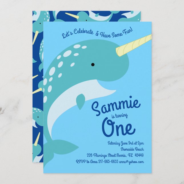 Narwhals Ocean 1st Birthday Invitations (Front/Back)