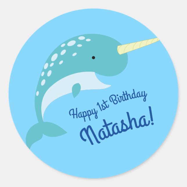 Narwhals Ocean Cute 1st Birthday Party Theme Classic Round Sticker (Front)