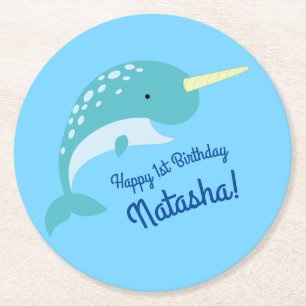 Narwhals Ocean Kid's Birthday Party Round Paper Coaster