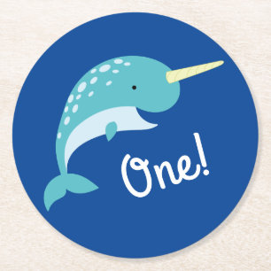 Narwhals Ocean Kid's Birthday Party Round Paper Coaster