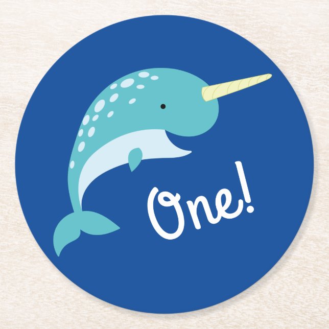 Narwhals Ocean Kid's Birthday Party Round Paper Coaster (Front)
