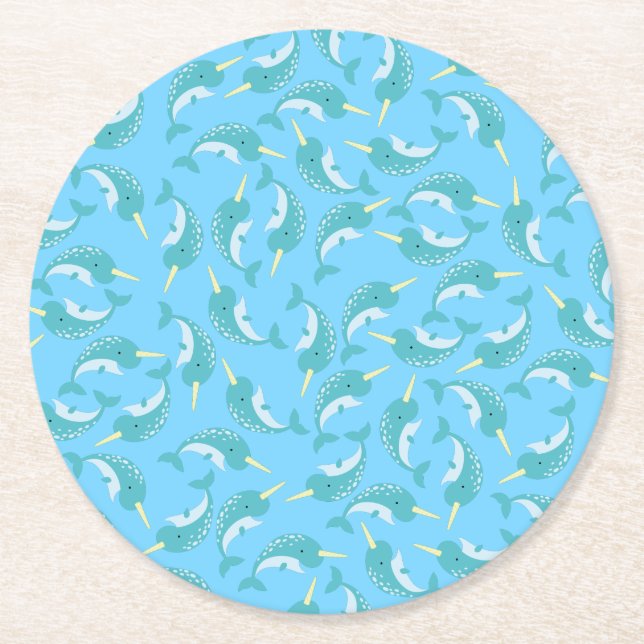 Narwhals Ocean Kid's Birthday Party Round Paper Coaster (Front)