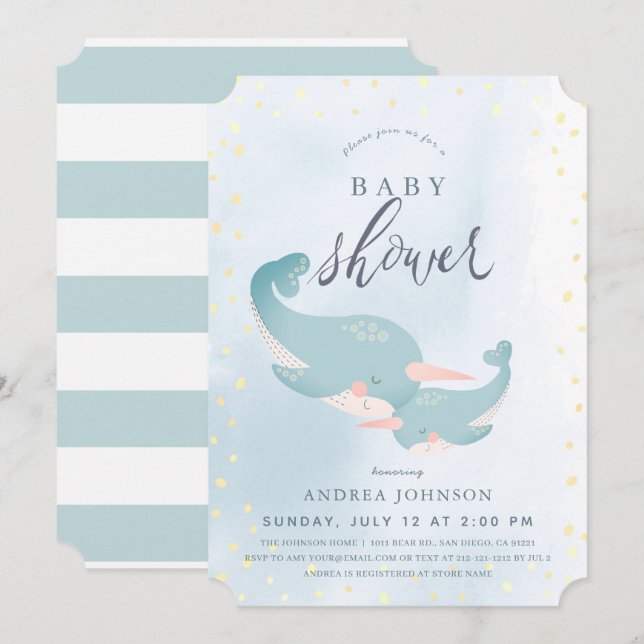 Narwhals Watercolor Blue Boy Baby Shower Invitation (Front/Back)